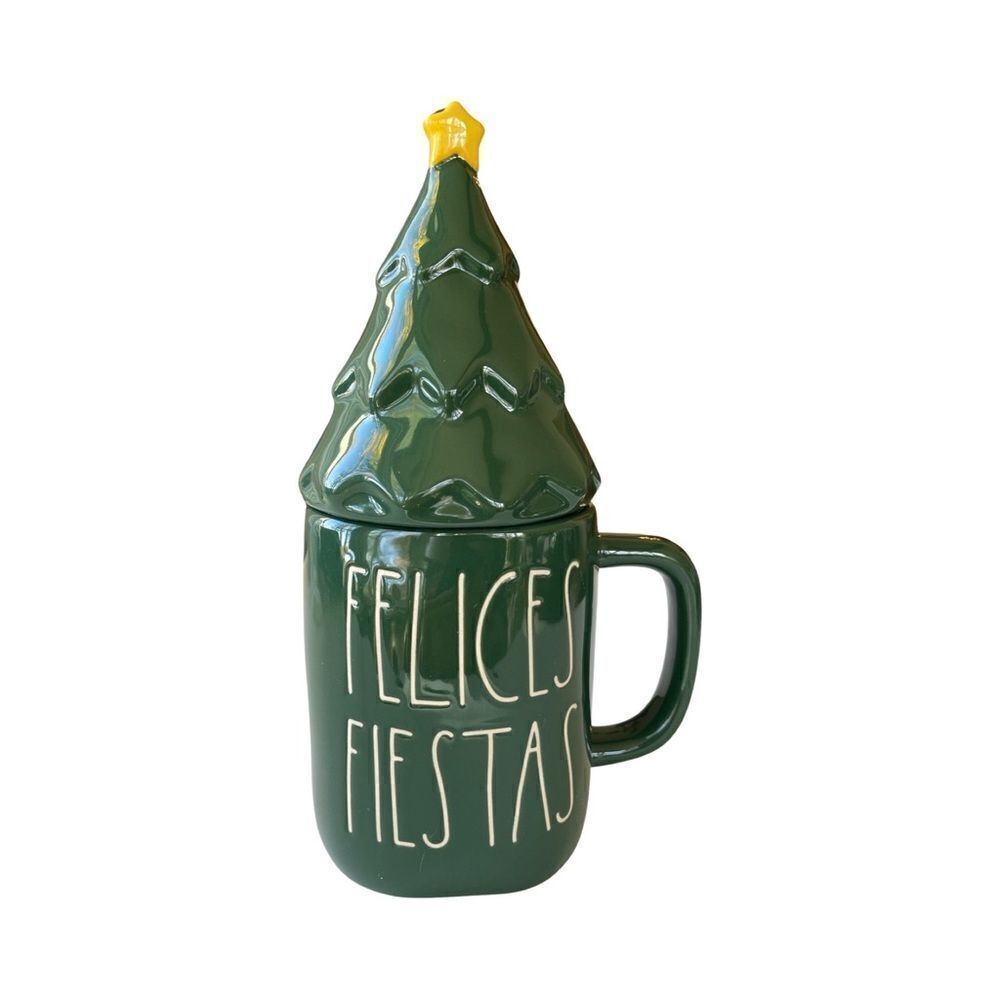 Rae Dunn Christmas Tree Felices Fiestas Mug Figural Topper Ceramic Green NWT